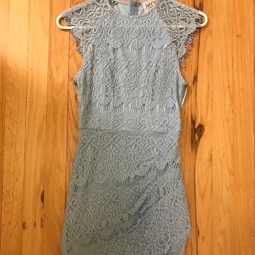 Blue lace body con dress